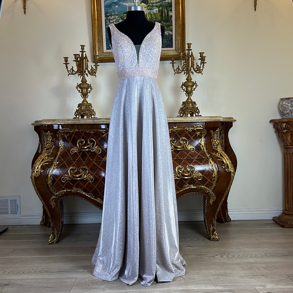 Meier Collection formal V-neck metallic evening party pageant prom dress